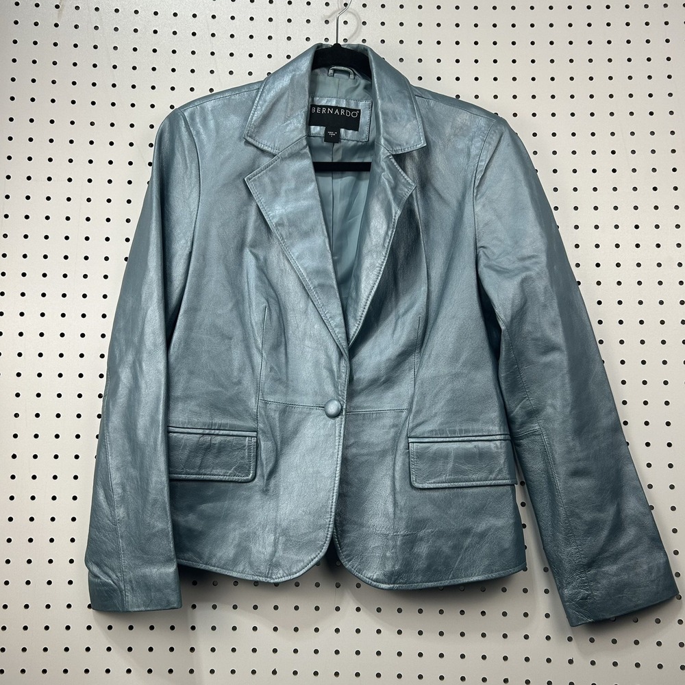 Bernardo Womens Genuine Leather Blazer Jacket Blue Metallic Teal L Moto Career
